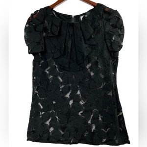 Nina Black Lace Sheer Blouse Cap Sleeve with Pleated Mock Neck Tie Size Medium